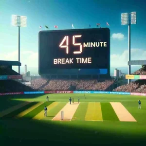 Scoreboard showing innings break of 45 minutes in a ODI Cricket Match
