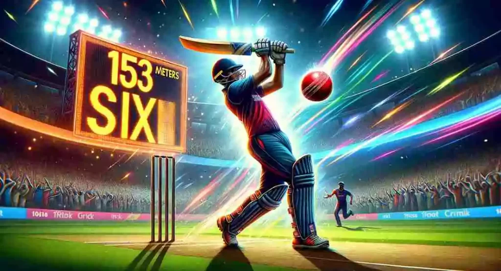 A batter hitting six and a scoreboard showing 153 meters big six